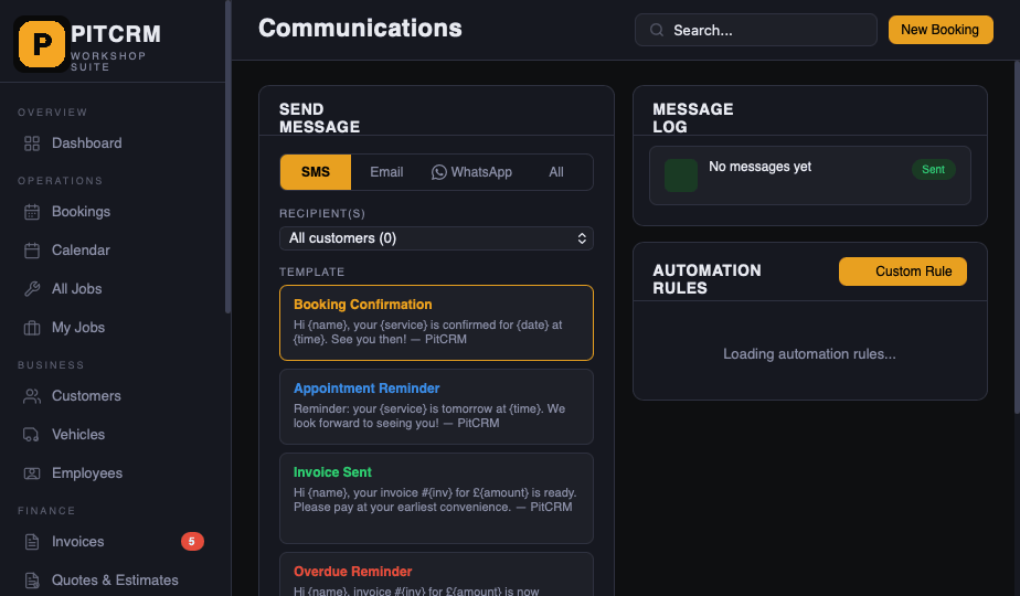 PitCRM communications: SMS, email, WhatsApp templates and automation rules