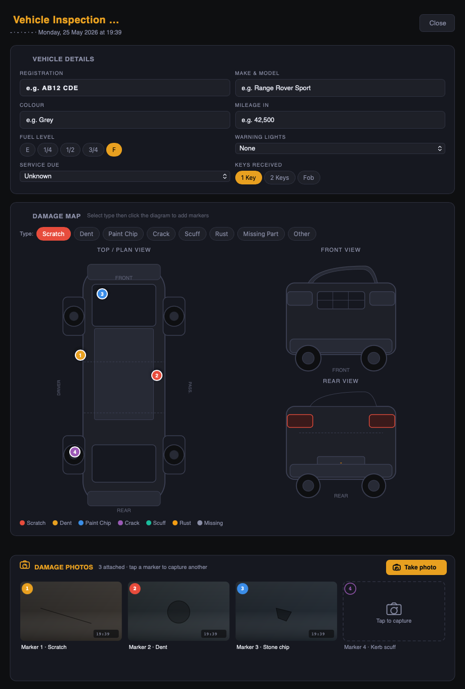 PitCRM vehicle inspection: damage map, fuel, mileage, keys