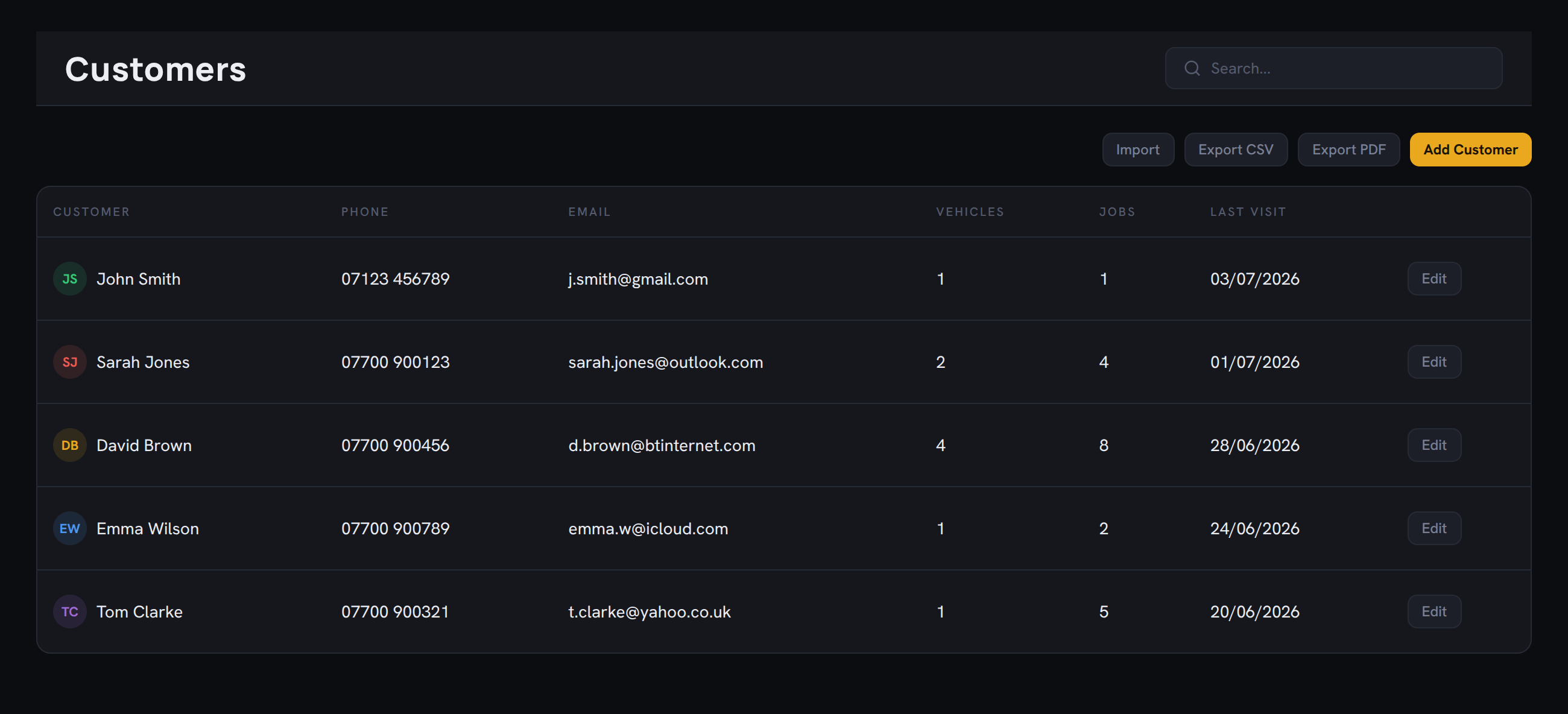 A customer record with vehicles, jobs and history